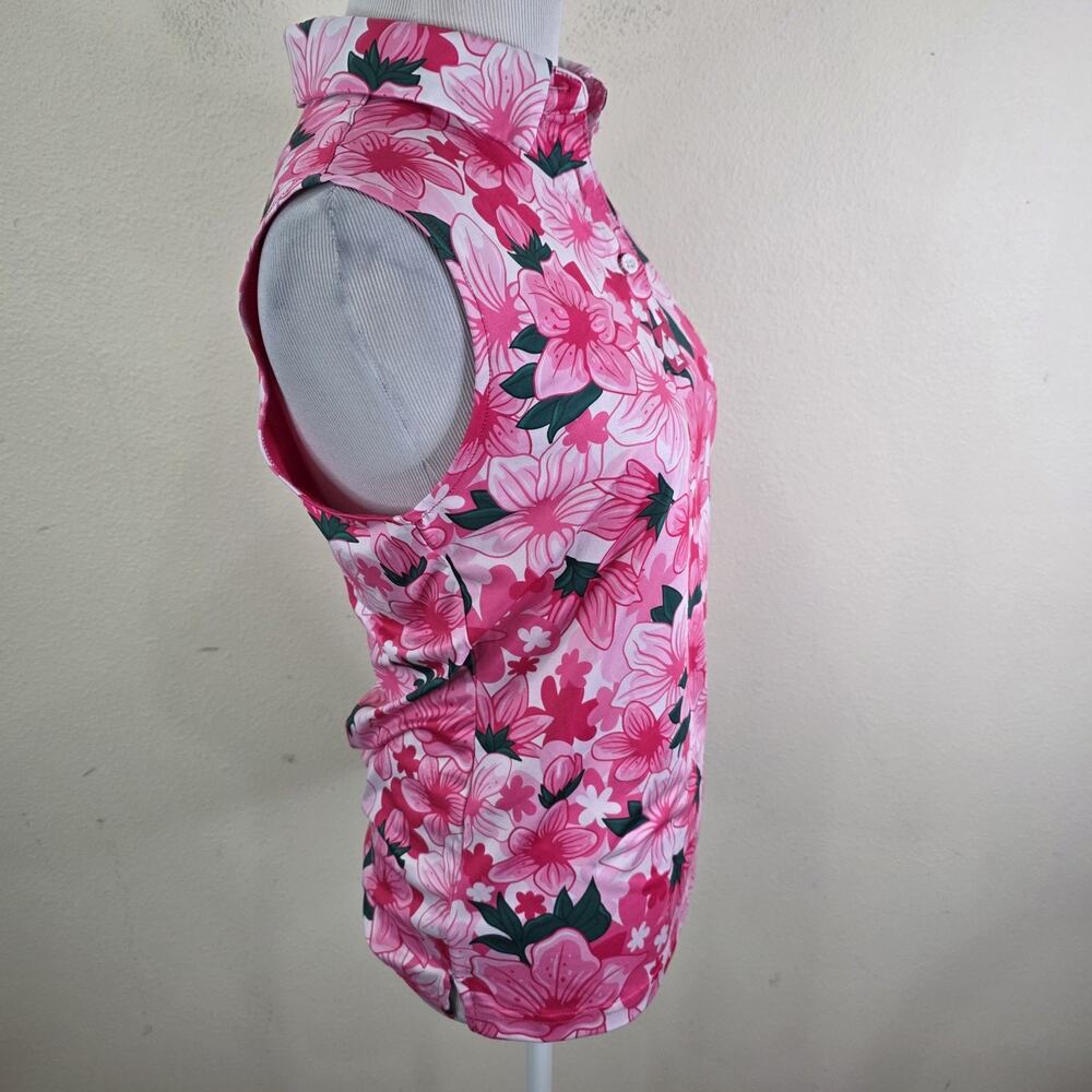 Pins & Aces Augusta Azaleas Sleeveless Polo Golf Shirt Size Small Pink Green - Picture 5 of 8